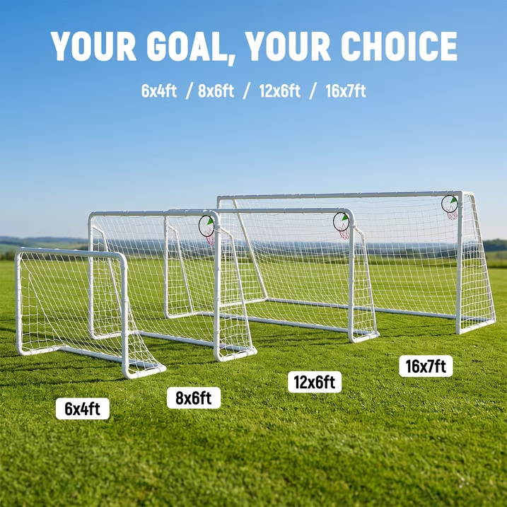 Mersco 16x7 / 12x6 / 8x6 / 6x4FT Soccer Goal for Backyard,Heavy-Duty Metal Soccer Net,Outdoor Soccer Goal Equipment Set with 6 Soccer Cones & 4 Stakes for Kids and Adults,White