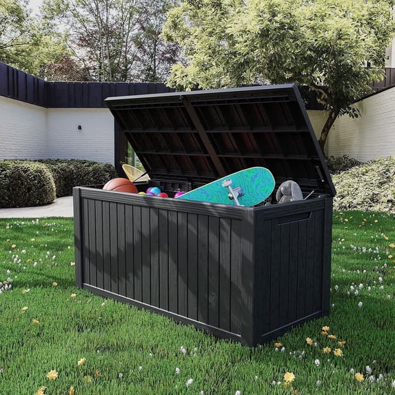 Mersco 200 Gallon Double Wall Resin Deck Box, Lockable Waterproof Outdoor Storage Box, Capacity and Doubles as Seating for Patio Furniture,Garden Tools, Pool Accessories ,Black