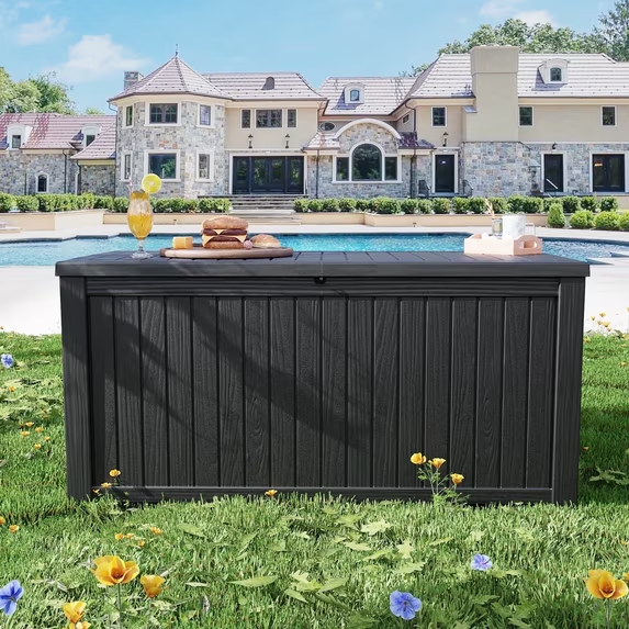 Mersco 200 Gallon Double Wall Resin Deck Box, Lockable Waterproof Outdoor Storage Box, Capacity and Doubles as Seating for Patio Furniture,Garden Tools, Pool Accessories ,Black