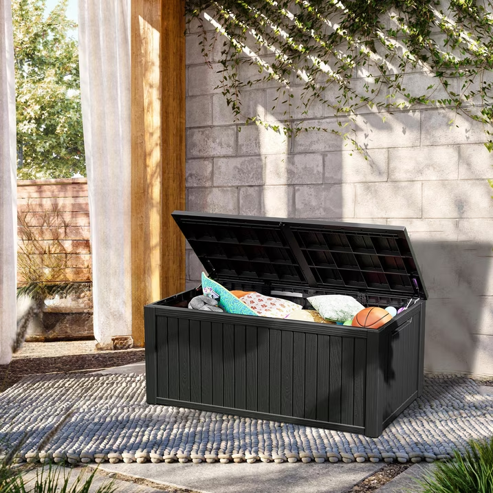 Mersco 200 Gallon Double Wall Resin Deck Box, Lockable Waterproof Outdoor Storage Box, Capacity and Doubles as Seating for Patio Furniture,Garden Tools, Pool Accessories ,Black