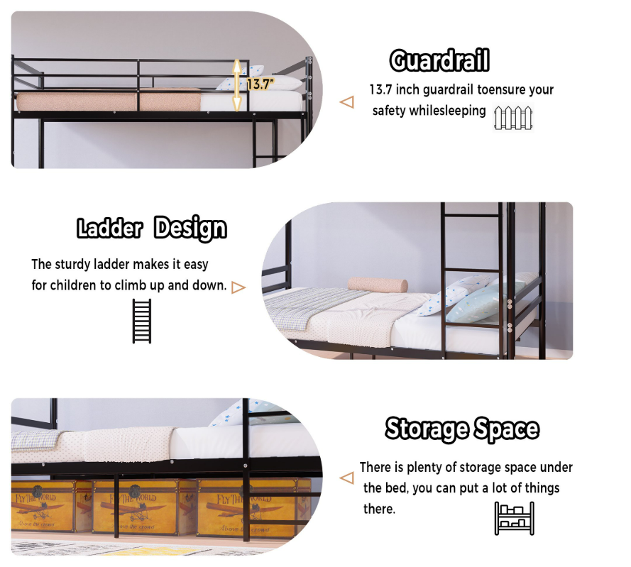 Netrum Twin Bunk Beds Twin over Twin Bunk Bed with Wide Ladder & Safety Guardrail, Metal Heavy Duty Bunk Bed Frame for Teens Adults, No Box Spring Needed, Black