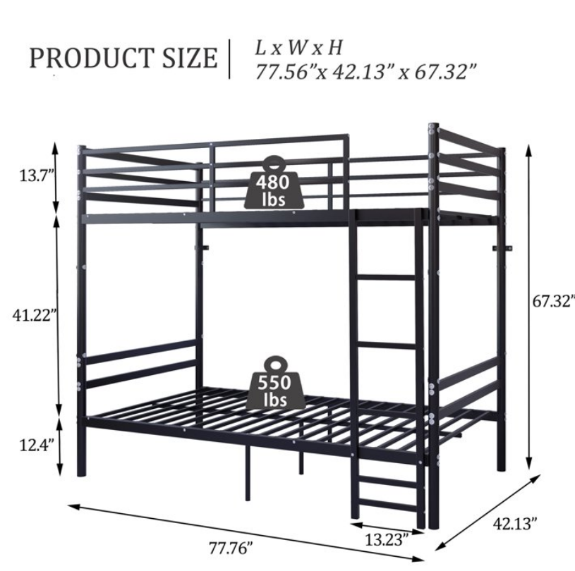 Netrum Twin Bunk Beds Twin over Twin Bunk Bed with Wide Ladder & Safety Guardrail, Metal Heavy Duty Bunk Bed Frame for Teens Adults, No Box Spring Needed, Black