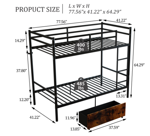 Netrum Metal Twin-over-Twin Standard Bunk Beds with Storage Box and Built-in Ladder Black