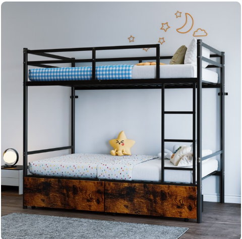 Netrum Metal Twin-over-Twin Standard Bunk Beds with Storage Box and Built-in Ladder Black