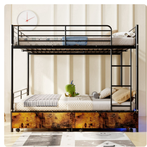 Netrum Twin Metal Bunk Bed with Ladder, Lattice Guardrail & Storage Box, Heavy-Duty Iron Frame, Noise-Free, Black