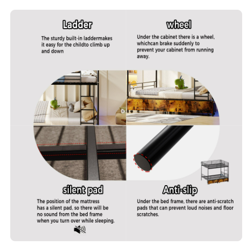 Netrum Twin Metal Bunk Bed with Ladder, Lattice Guardrail & Storage Box, Heavy-Duty Iron Frame, Noise-Free, Black