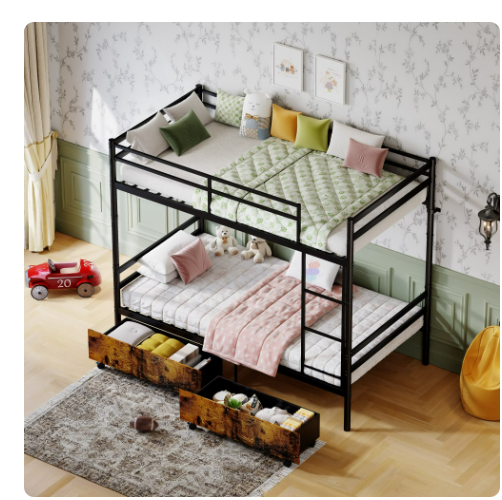 Netrum Metal Bunk Bed with drawers,Heavy Duty Bunk with High Guardrail and Safety Entrance Design,Under-Bed Storage Space, Easy Assembly, Noise Free, Black