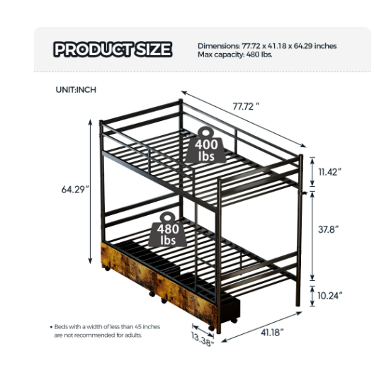 Netrum Metal Bunk Bed with drawers,Heavy Duty Bunk with High Guardrail and Safety Entrance Design,Under-Bed Storage Space, Easy Assembly, Noise Free, Black