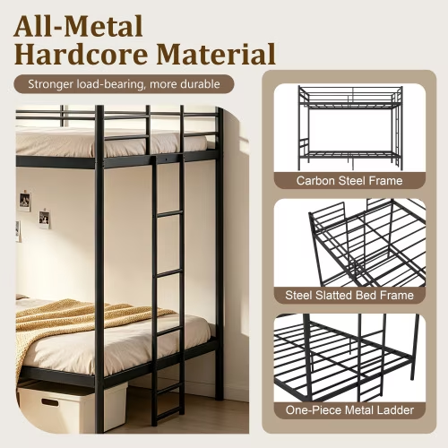 Netrum Full over Full Bunk Bed for Teens Adults,Heavy Duty Metal Bunk Beds Frame, with Ladder & Storage,Full Bunk Bed with Safe Guardrail, No Box Spring Needed