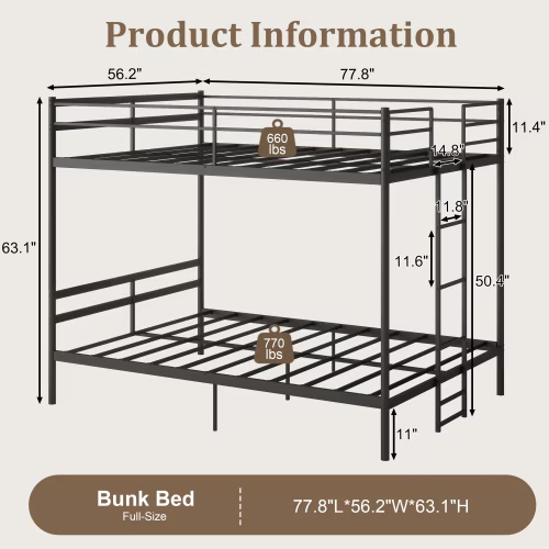 Netrum Full over Full Bunk Bed for Teens Adults,Heavy Duty Metal Bunk Beds Frame, with Ladder & Storage,Full Bunk Bed with Safe Guardrail, No Box Spring Needed