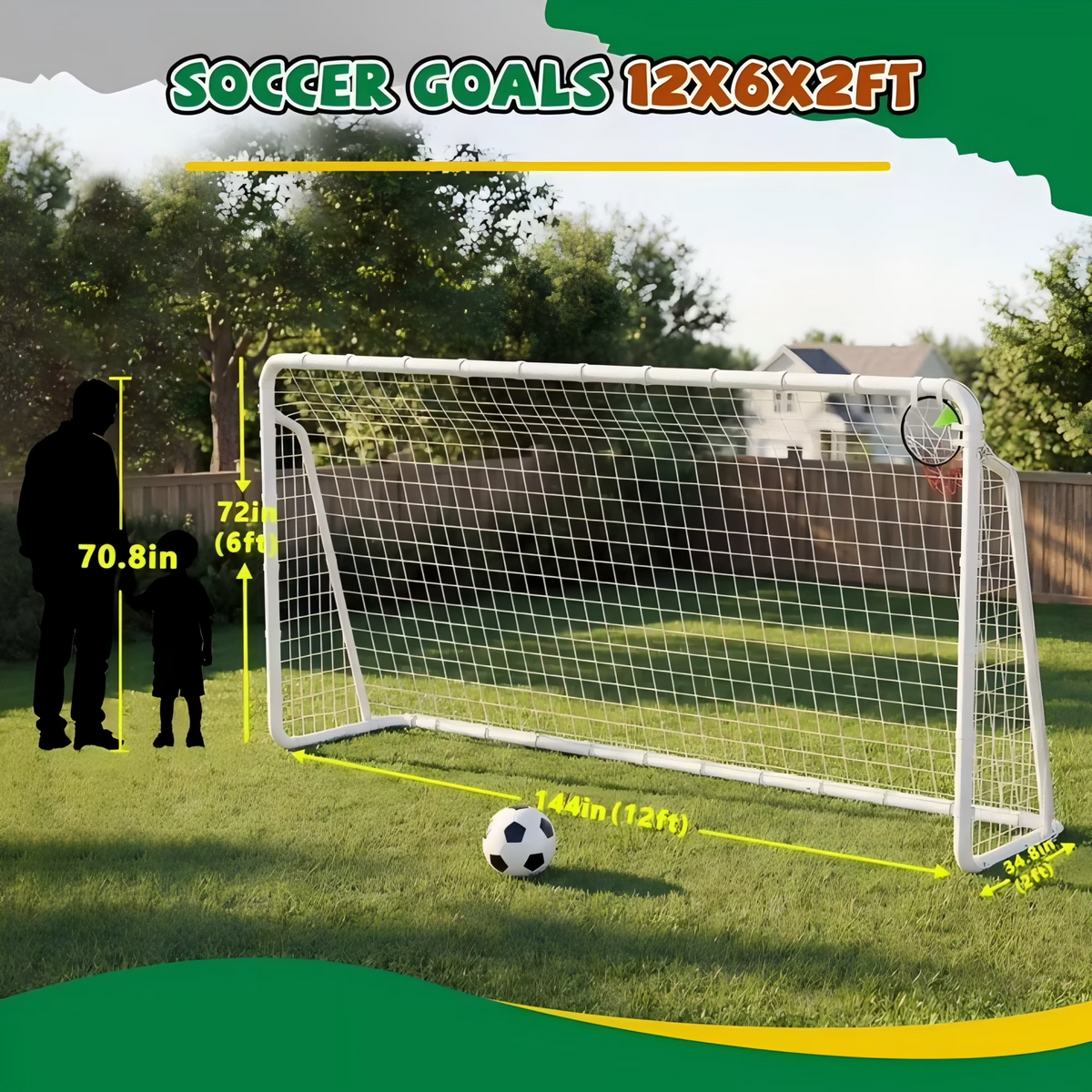 Mersco 12x6 FT Soccer Goal for Backyard, Heavy-Duty Metal Soccer Net, with Shooting Ring, Soccer Training Equipment Set, with 5 Stakes & 6 Cones, Soccer Goal for Kids and Adults,Christmas Gifts