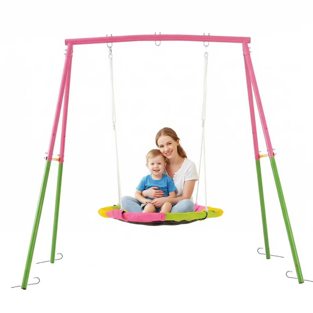 Kdymod 40" Saucer Swing with Stand for Kids, 440Ibs Heavy Duty Metal Swing Set for Backyard , with Adjustable Ropes & Ground Anchors, A-Frame Playset for Playground, Toddlers Ages 3+