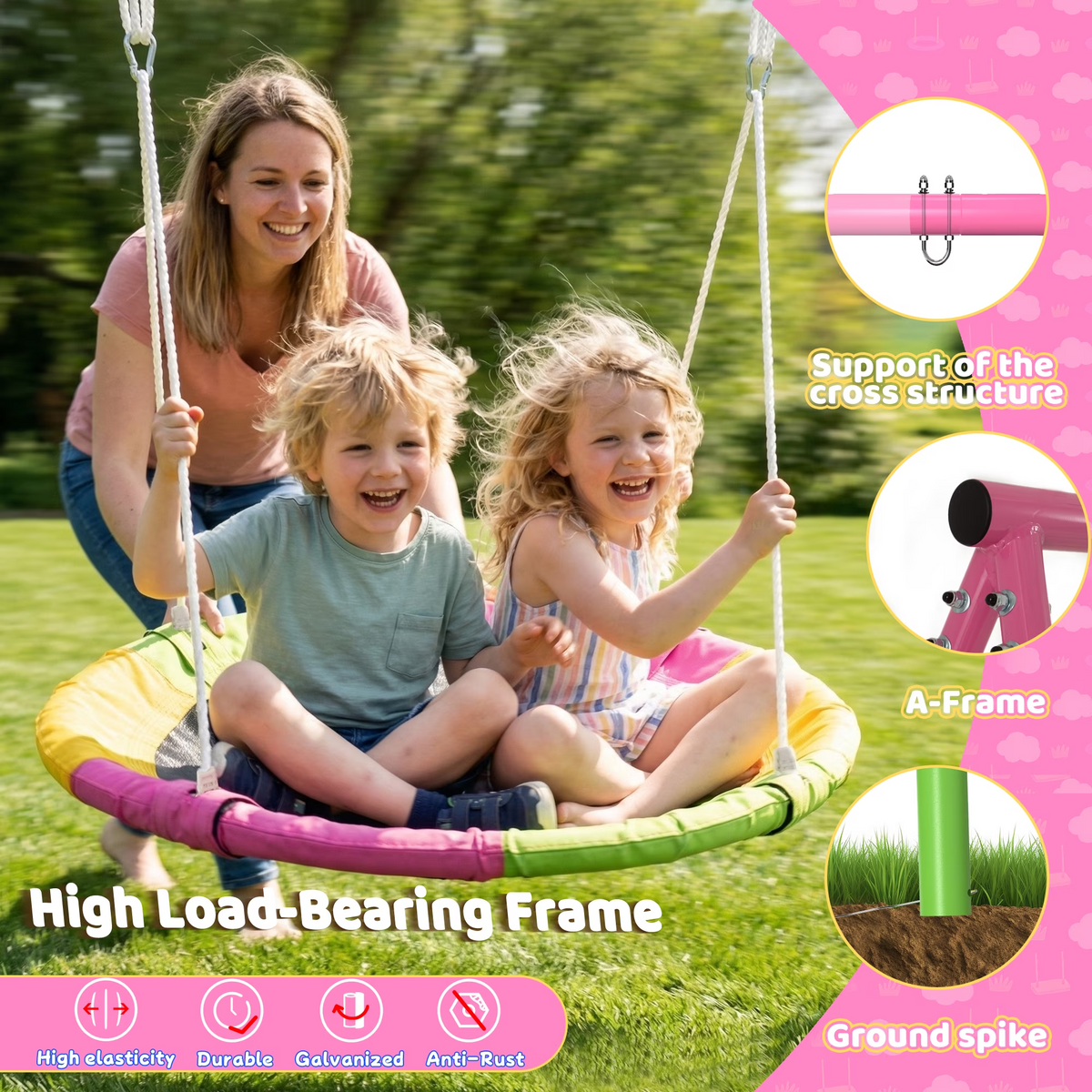 Kdymod 40" Saucer Swing with Stand for Kids, 440Ibs Heavy Duty Metal Swing Set for Backyard , with Adjustable Ropes & Ground Anchors, A-Frame Playset for Playground, Toddlers Ages 3+