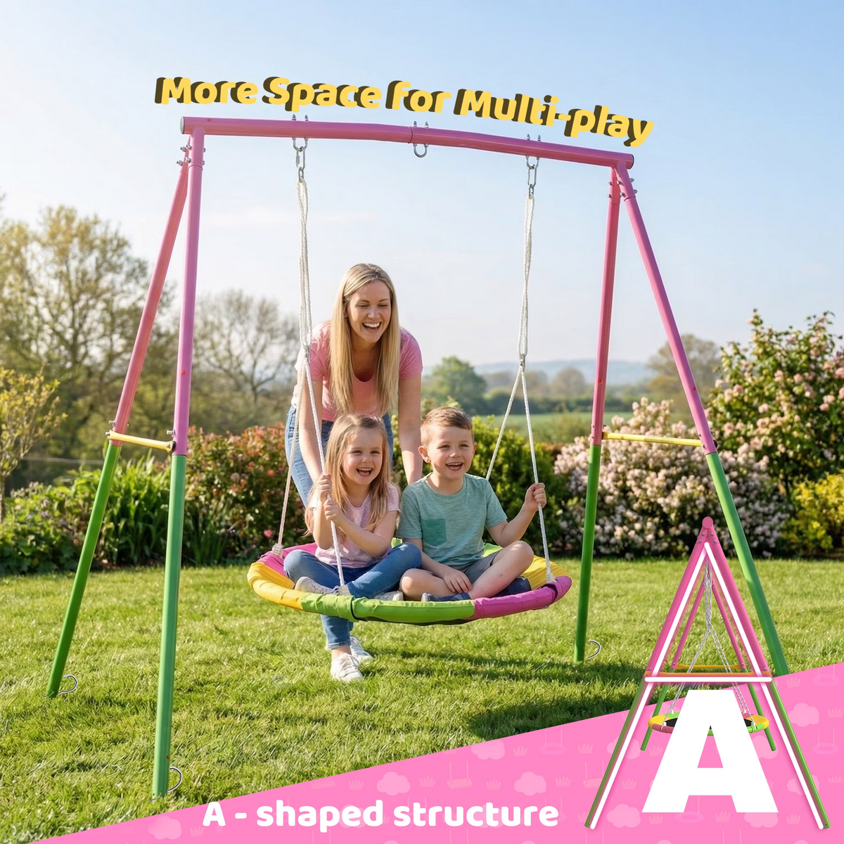 Kdymod 40" Saucer Swing with Stand for Kids, 440Ibs Heavy Duty Metal Swing Set for Backyard , with Adjustable Ropes & Ground Anchors, A-Frame Playset for Playground, Toddlers Ages 3+