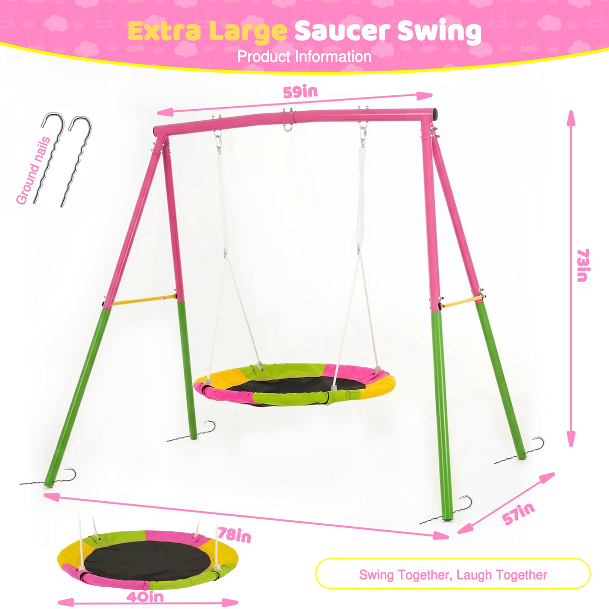 Kdymod 40" Saucer Swing with Stand for Kids, 440Ibs Heavy Duty Metal Swing Set for Backyard , with Adjustable Ropes & Ground Anchors, A-Frame Playset for Playground, Toddlers Ages 3+