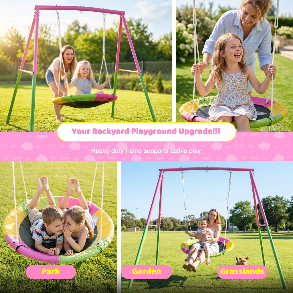 Kdymod 40" Saucer Swing with Stand for Kids, 440Ibs Heavy Duty Metal Swing Set for Backyard , with Adjustable Ropes & Ground Anchors, A-Frame Playset for Playground, Toddlers Ages 3+