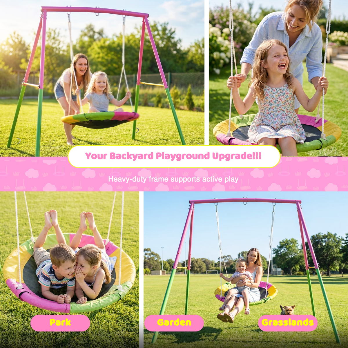 Kdymod 40" Saucer Swing with Stand for Kids, 440Ibs Heavy Duty Metal Swing Set for Backyard , with Adjustable Ropes & Ground Anchors, A-Frame Playset for Playground, Toddlers Ages 3+