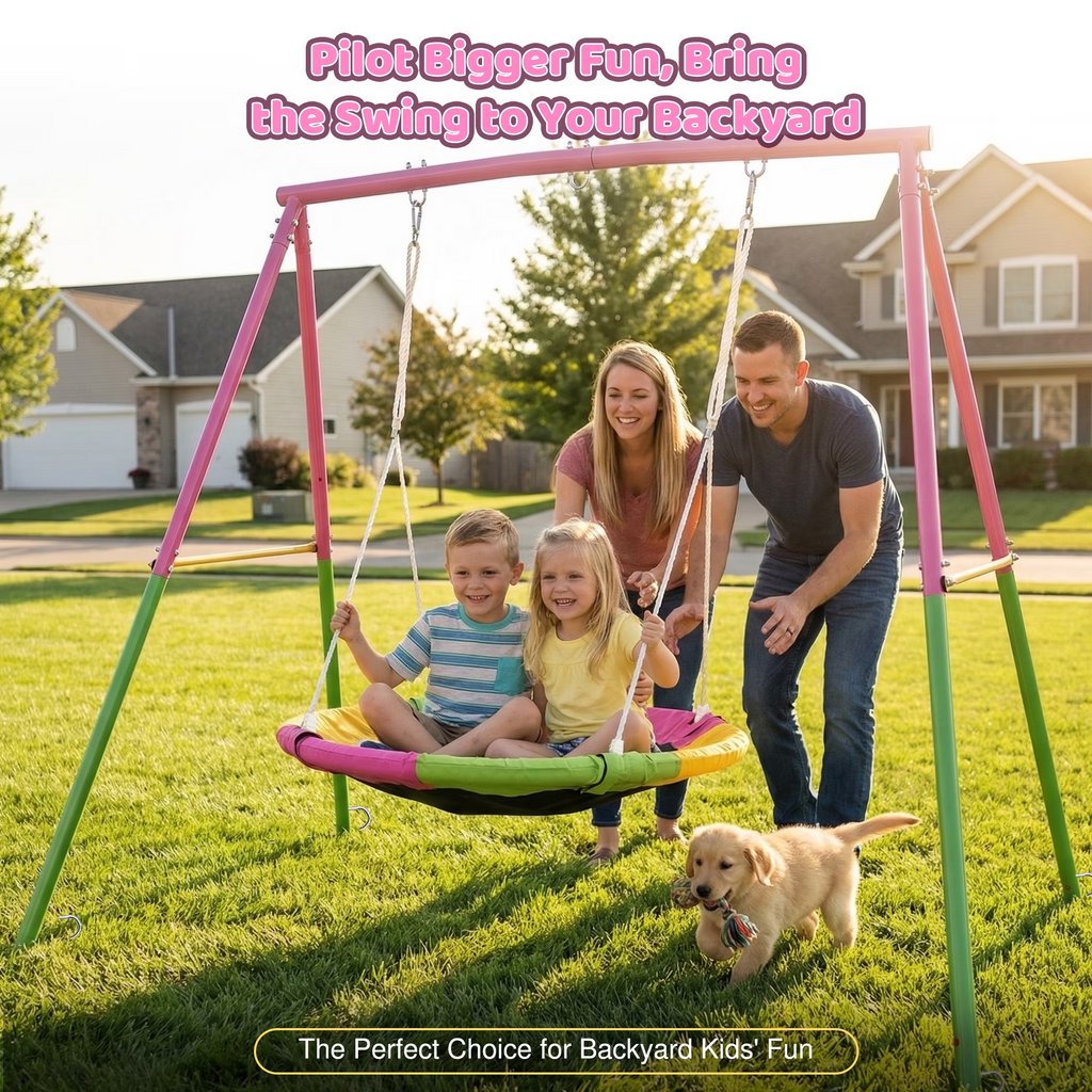 Kdymod 40" Saucer Swing with Stand for Kids, 440Ibs Heavy Duty Metal Swing Set for Backyard , with Adjustable Ropes & Ground Anchors, A-Frame Playset for Playground, Toddlers Ages 3+
