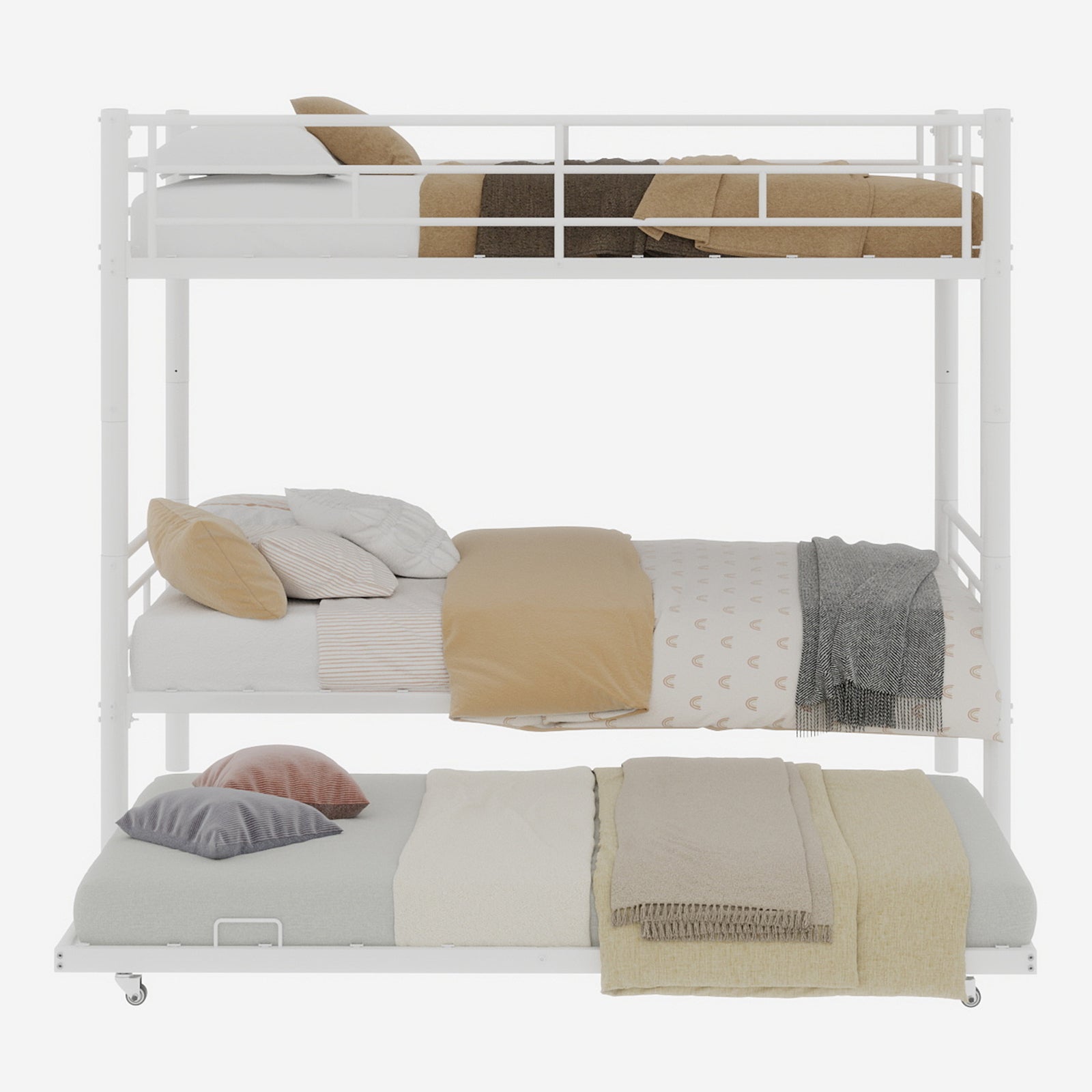 Uiowio Triple Bunk Bed Twin over Twin with Trundle,Triple Twin Bunk Bed with Ladder & Guardrail,Metal Convertible Triple Bunk Bed Frame for Teen & Adult,Bedroom,Dorm,White (Mattress not included)