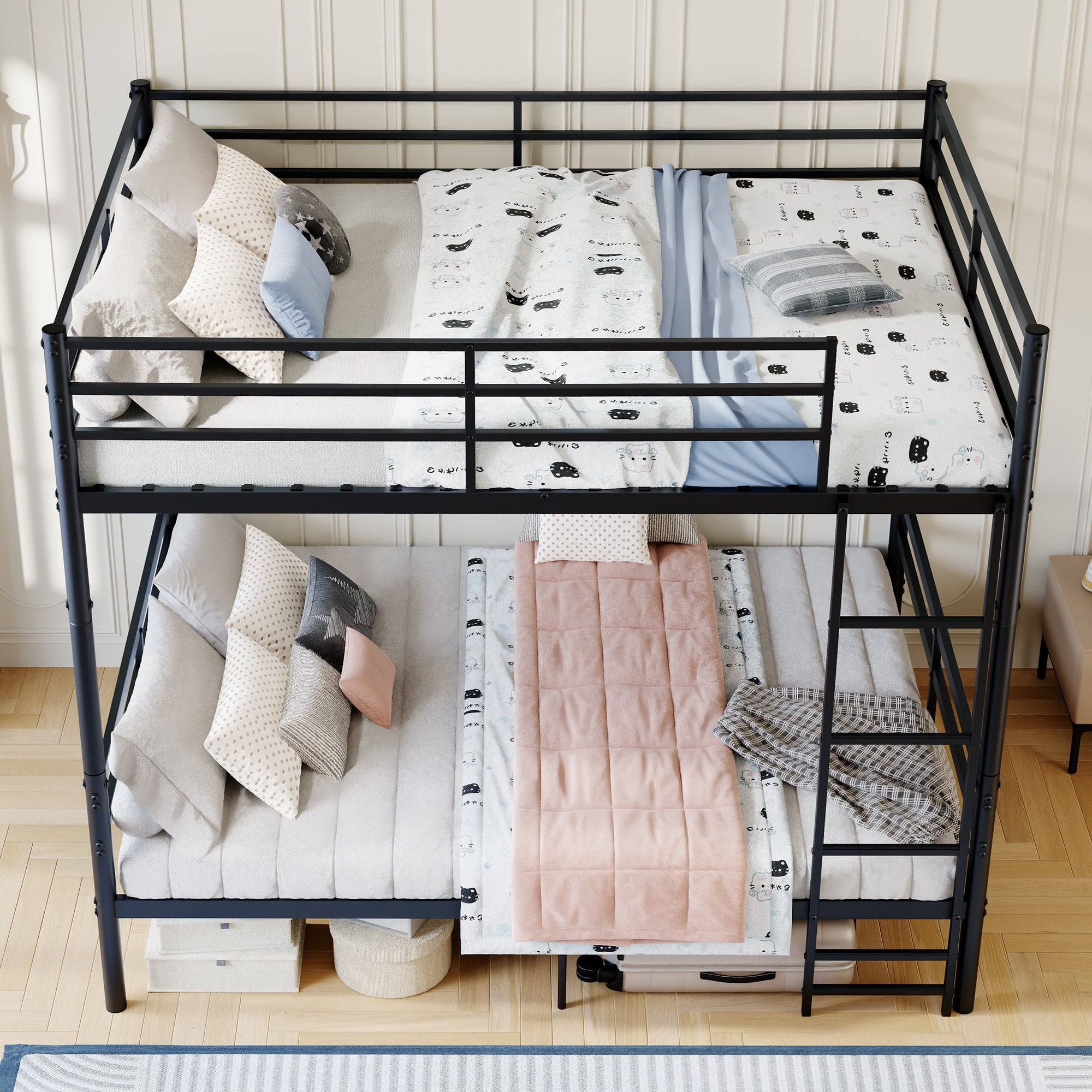 Kdymod Full over Full Metal Bunk Bed with Storage, Converts to 2 Separate Beds, Heavy-Duty & Space-Saving Bed Frame with Built-in Ladder & Safety Guardrail, Black