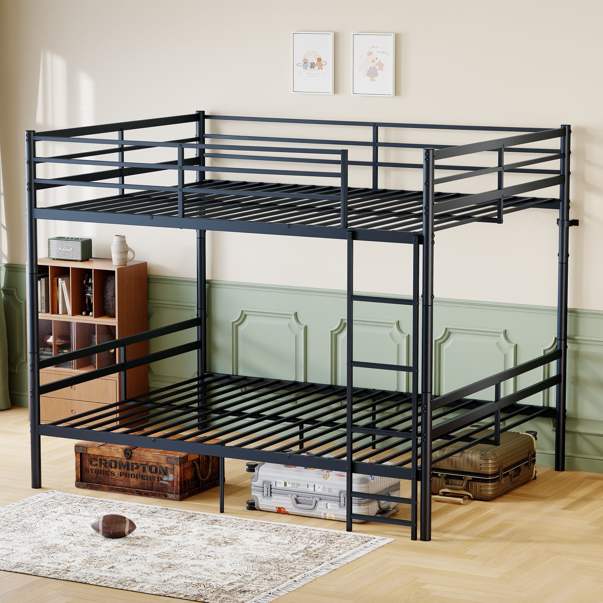 Kdymod Queen over Queen Metal Bunk Bed with Storage, Converts to 2 Separate Beds, Heavy-Duty & Space-Saving Bed Frame with Built-in Ladder & Safety Guardrail, Black