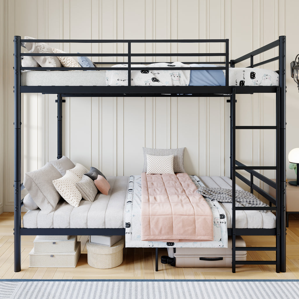 Kdymod Full over Full Metal Bunk Bed with Storage, Converts to 2 Separate Beds, Heavy-Duty & Space-Saving Bed Frame with Built-in Ladder & Safety Guardrail, Black