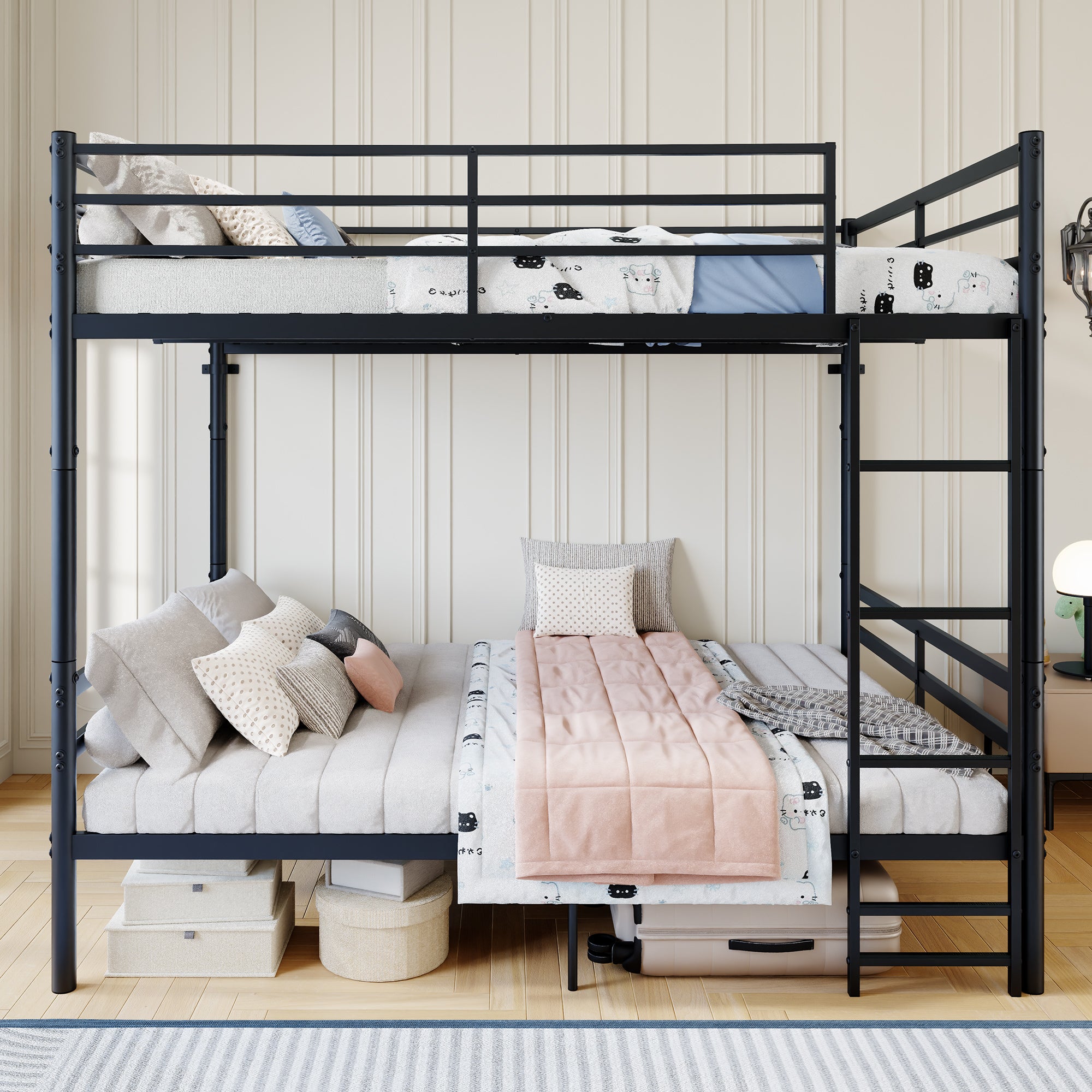 Kdymod Full over Full Metal Bunk Bed with Storage, Converts to 2 Separate Beds, Heavy-Duty & Space-Saving Bed Frame with Built-in Ladder & Safety Guardrail, Black