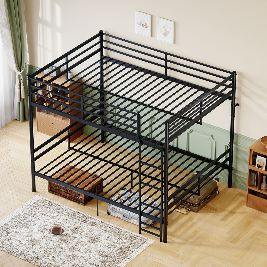Kdymod Queen over Queen Metal Bunk Bed with Storage, Converts to 2 Separate Beds, Heavy-Duty & Space-Saving Bed Frame with Built-in Ladder & Safety Guardrail, Black
