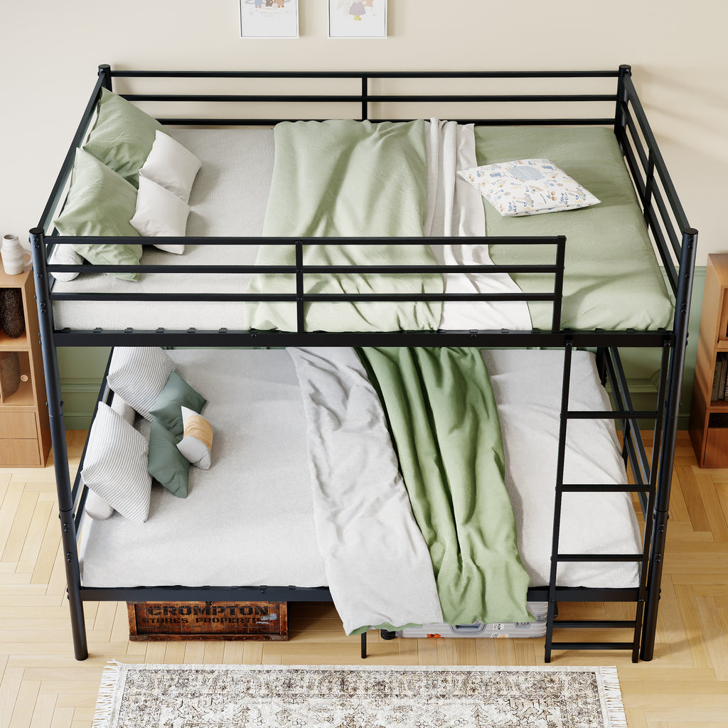 Kdymod Queen over Queen Metal Bunk Bed with Storage, Converts to 2 Separate Beds, Heavy-Duty & Space-Saving Bed Frame with Built-in Ladder & Safety Guardrail, Black
