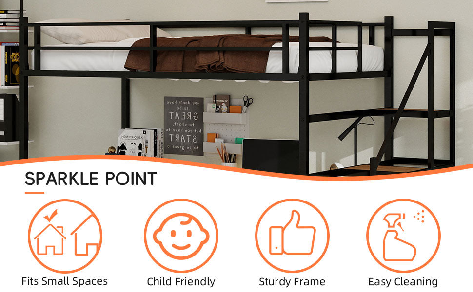 Uiowio Twin Loft Bed with L-Shaped Desk & Large Storage, Space-Saving Loft Bed Frame with Stairs & Continuous Guard Railing, Black