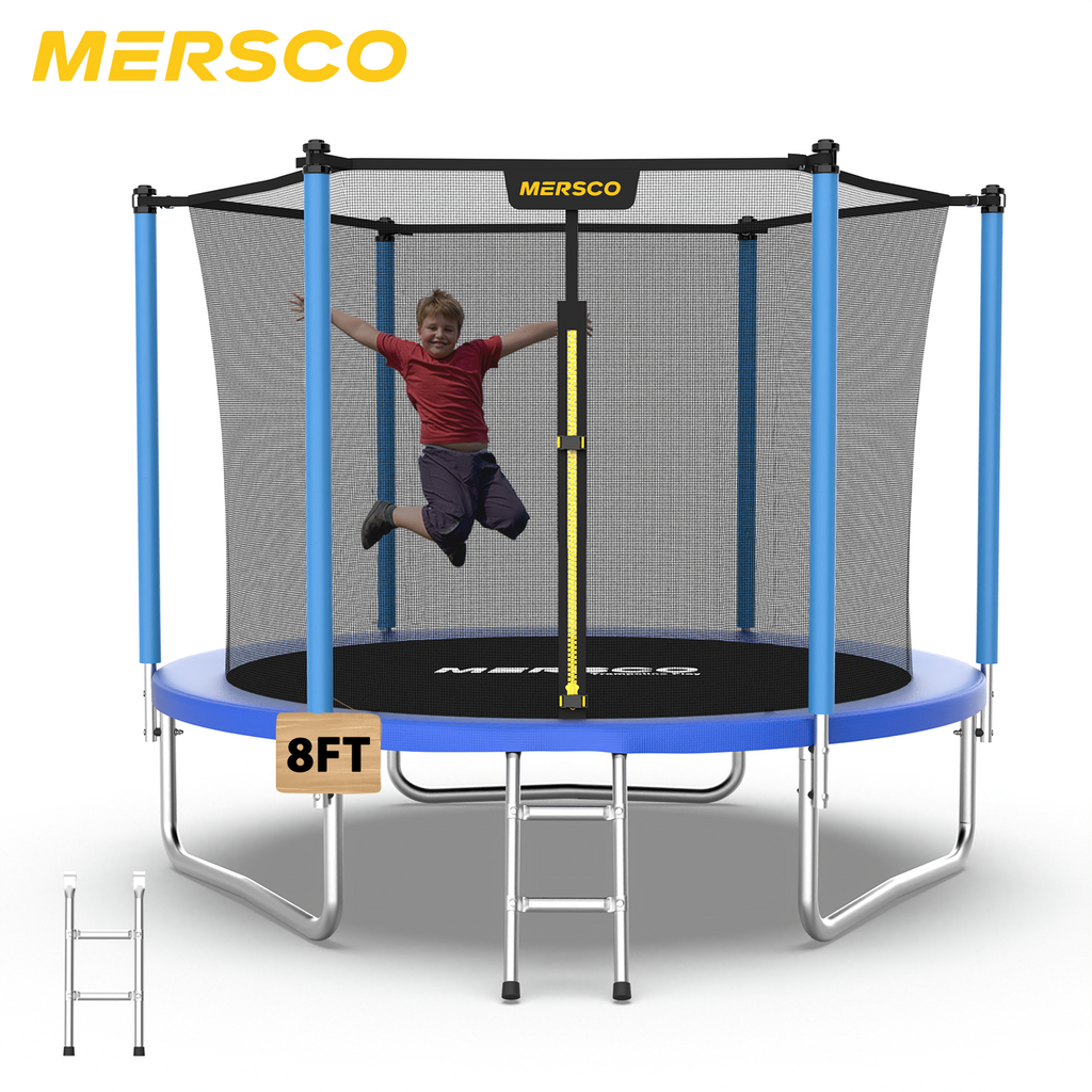 Mersco 8ft Trampoline for Kids,Outdoor Trampoline with Enclosure, Ladder,Upright-Poled Backyard Trampoline PLAY for Family Fun,Jumping Trampoline for Birthday Gifts,Blue