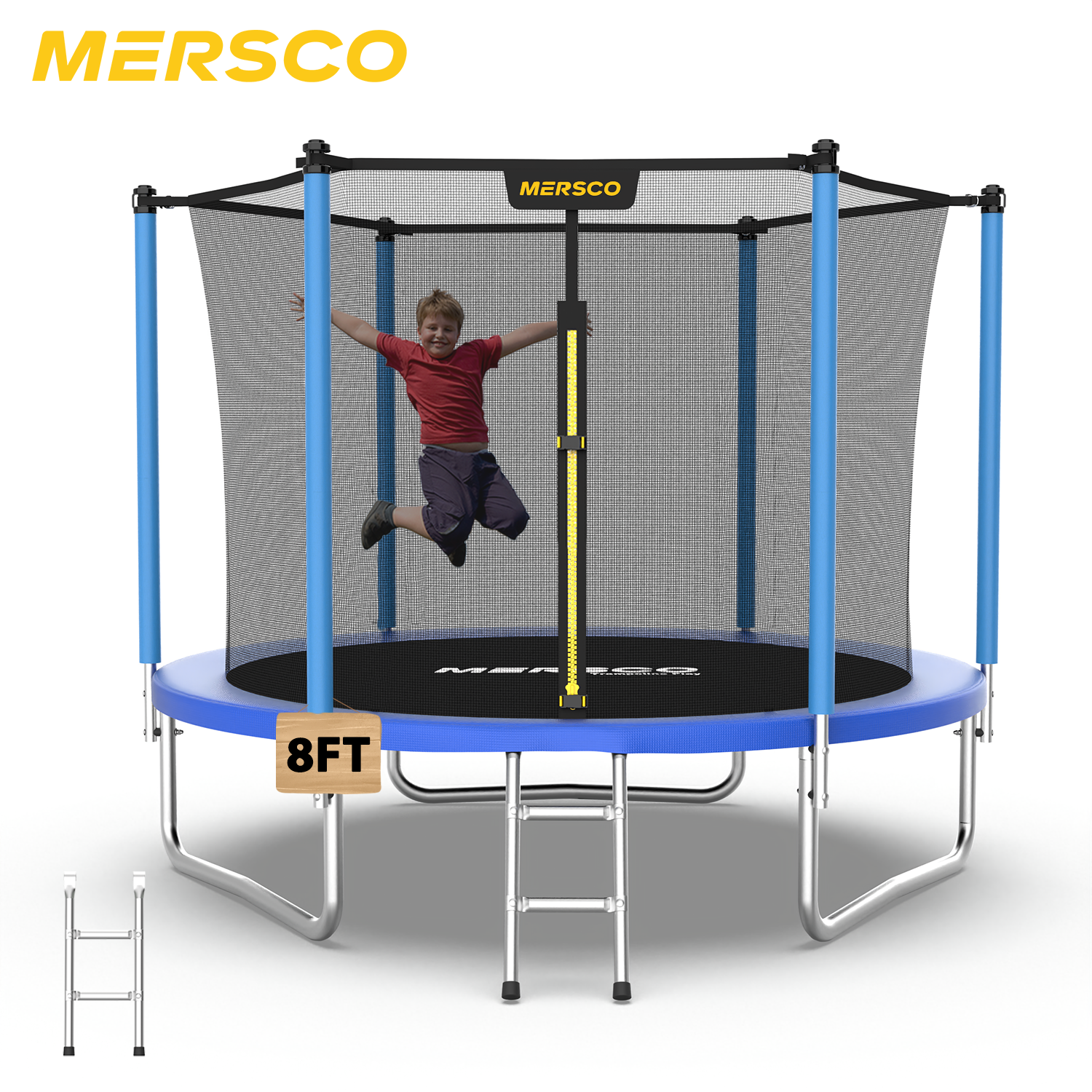 Mersco 8ft Trampoline for Kids,Outdoor Trampoline with Enclosure, Ladder,Upright-Poled Backyard Trampoline PLAY for Family Fun,Jumping Trampoline for Birthday Gifts,Blue