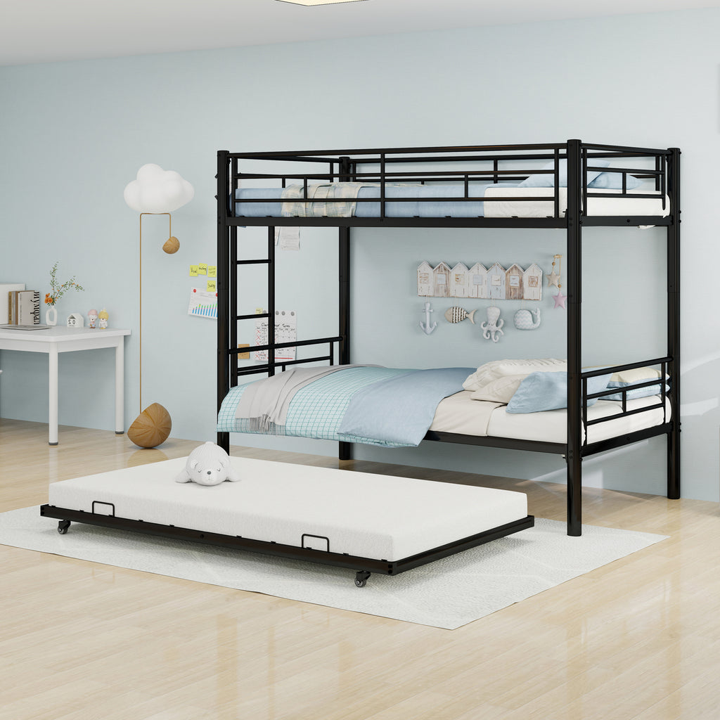 Kdymod Triple Bunk Bed Twin over Twin with Twin Trundle, Bunk Bed with Convertible 2-in-1 Design, Metal Bunk Bed Frame with Ladder & Safety Guardrail, Space-Saving for Teens and Adults, Black