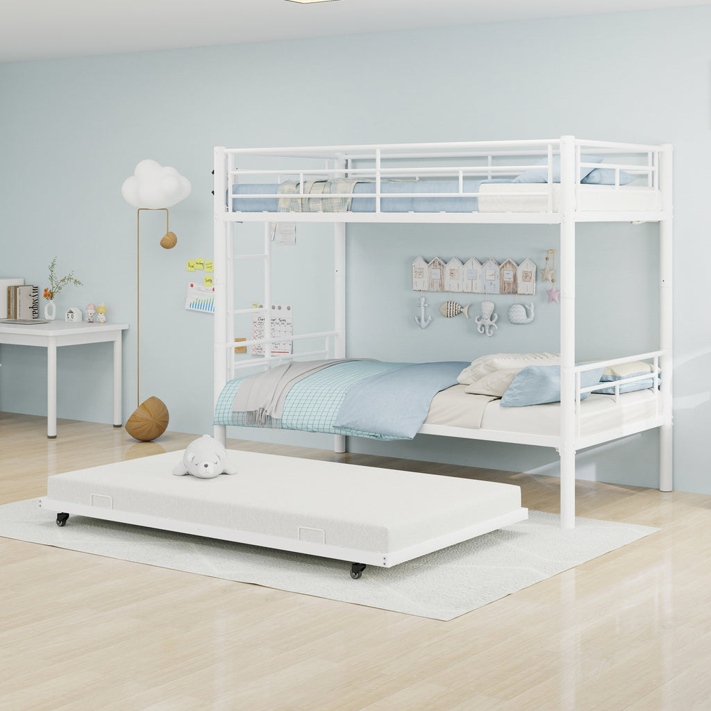 Kdymod Triple Bunk Bed Twin over Twin with Twin Trundle, Bunk Bed with Convertible 2-in-1 Design, Metal Bunk Bed Frame with Ladder & Safety Guardrail, Space-Saving for Teens and Adults, White