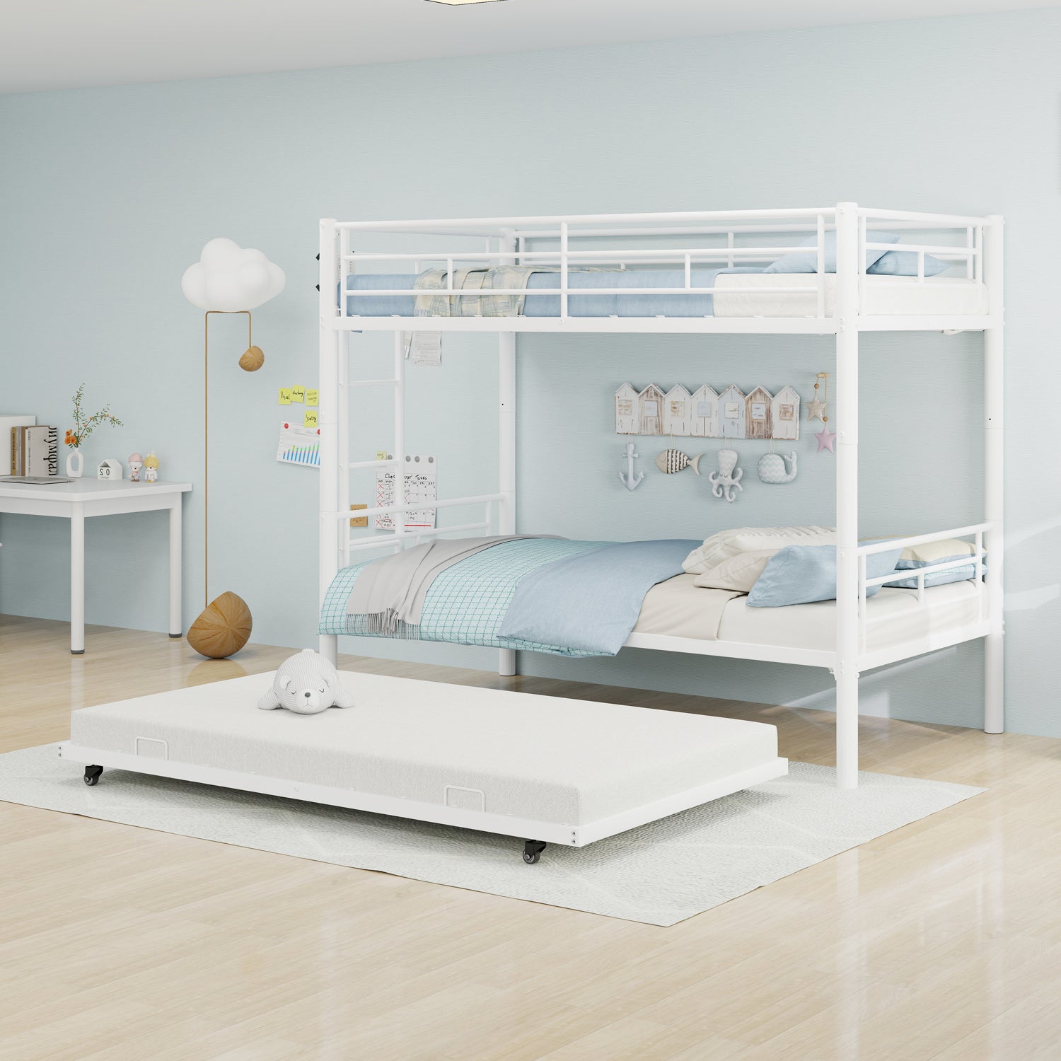 Kdymod Triple Bunk Bed Twin over Twin with Twin Trundle, Bunk Bed with Convertible 2-in-1 Design, Metal Bunk Bed Frame with Ladder & Safety Guardrail, Space-Saving for Teens and Adults, White