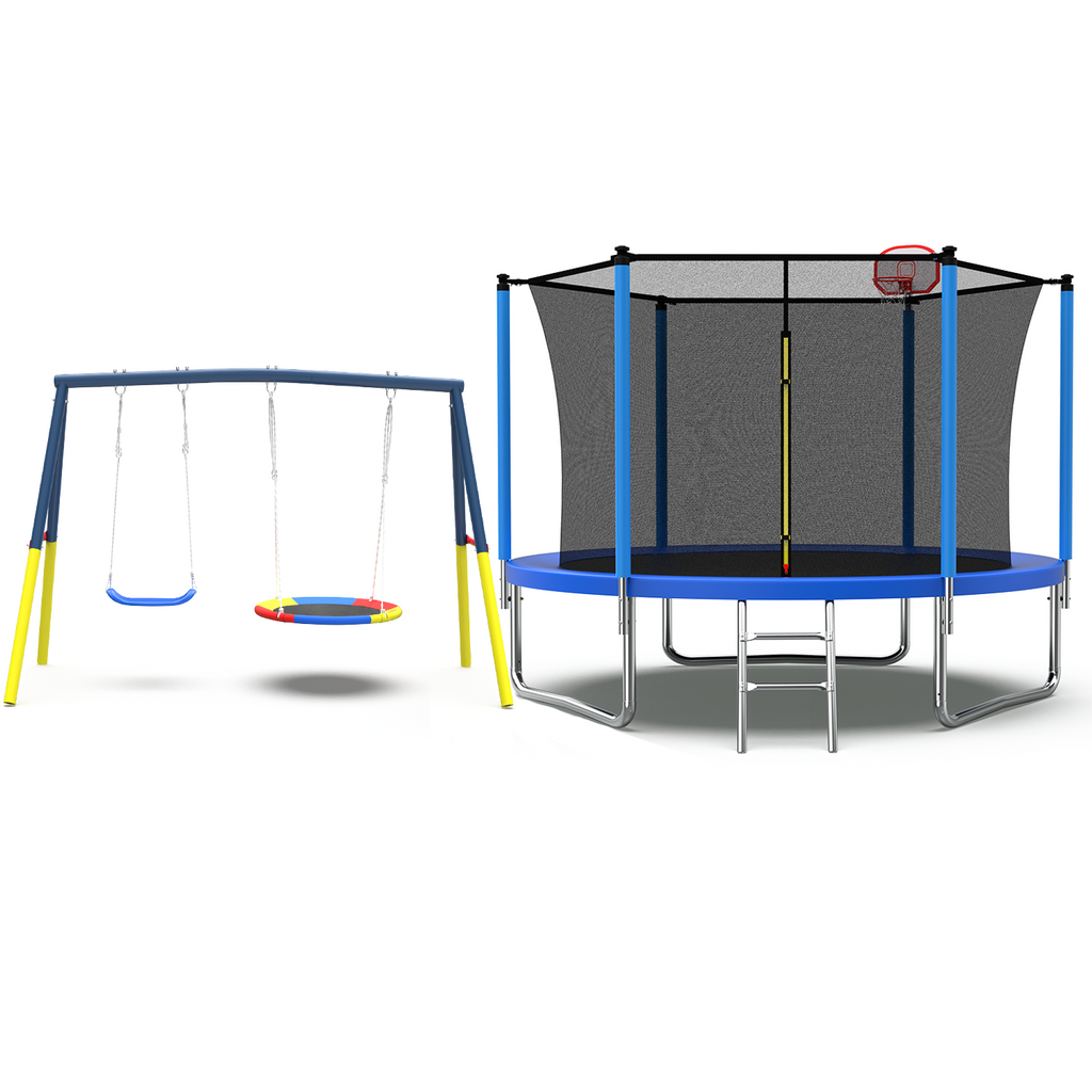 Mersco 10FT Heavy Duty Trampoline with Enclosure Net , Swing Set Outdoor Big Trampoline for Backyard,Kids Trampoline with Basketball Hoop,Birthday and Holiday Gifts for Kids,Blue