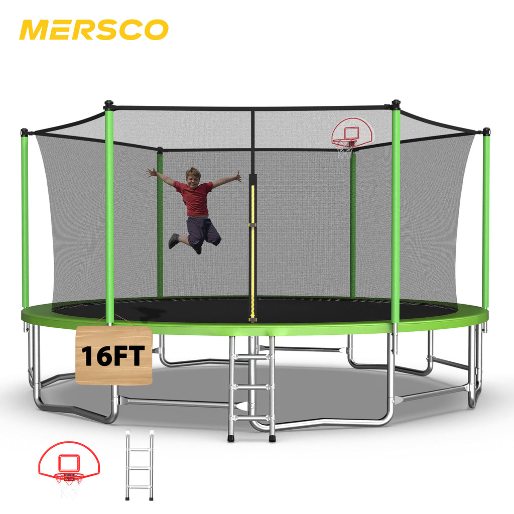 Mersco 16ft Trampoline for Kids and Adults,Outdoor Trampoline with Enclosure,Basketball Hoop and Ladder,Upright-Poled Backyard Trampoline,Jumping Trampoline PLAY for Boys and Girl Birthday Gift,Green