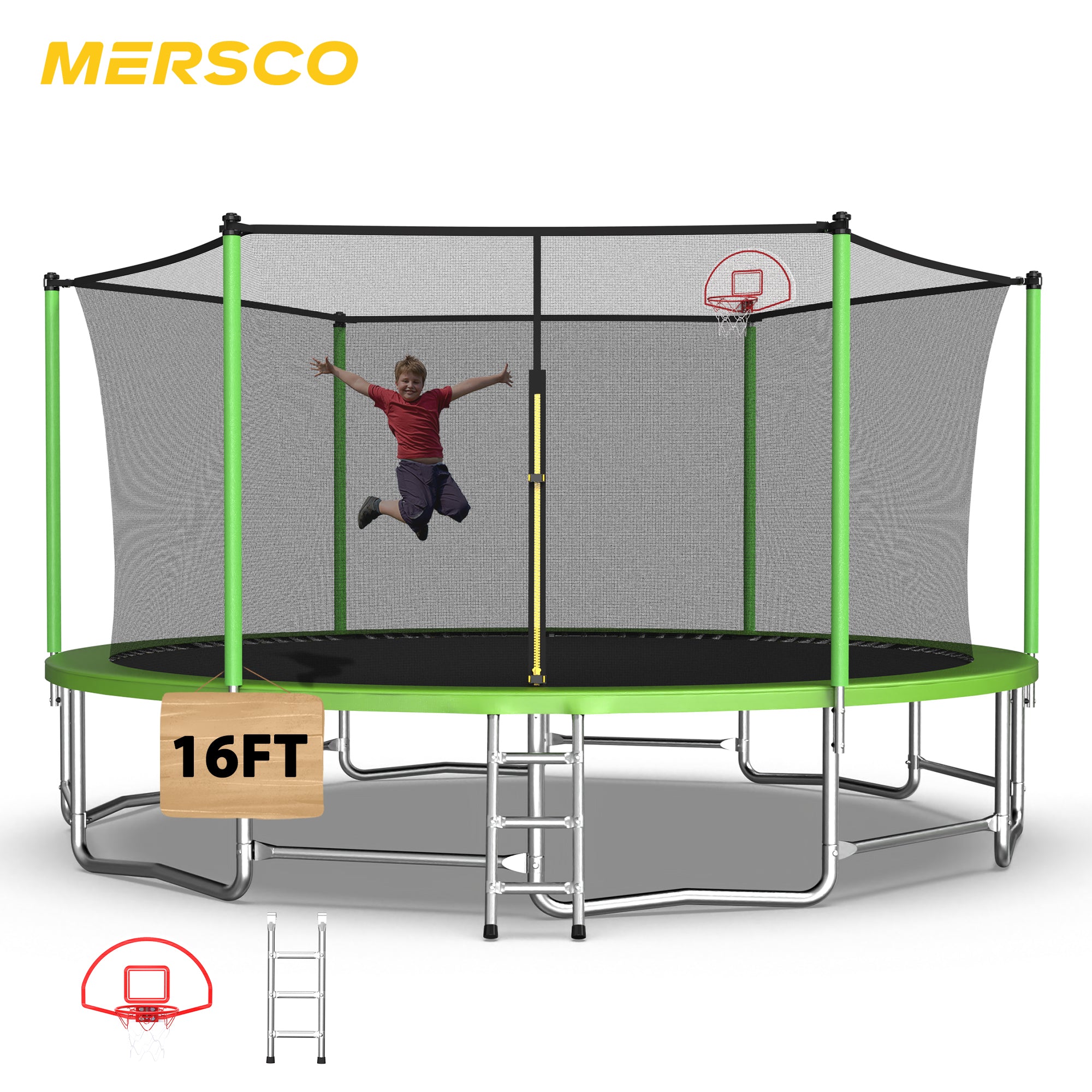 Mersco 16ft Trampoline for Kids and Adults,Outdoor Trampoline with Enclosure,Basketball Hoop and Ladder,Upright-Poled Backyard Trampoline,Jumping Trampoline PLAY for Boys and Girl Birthday Gift,Green