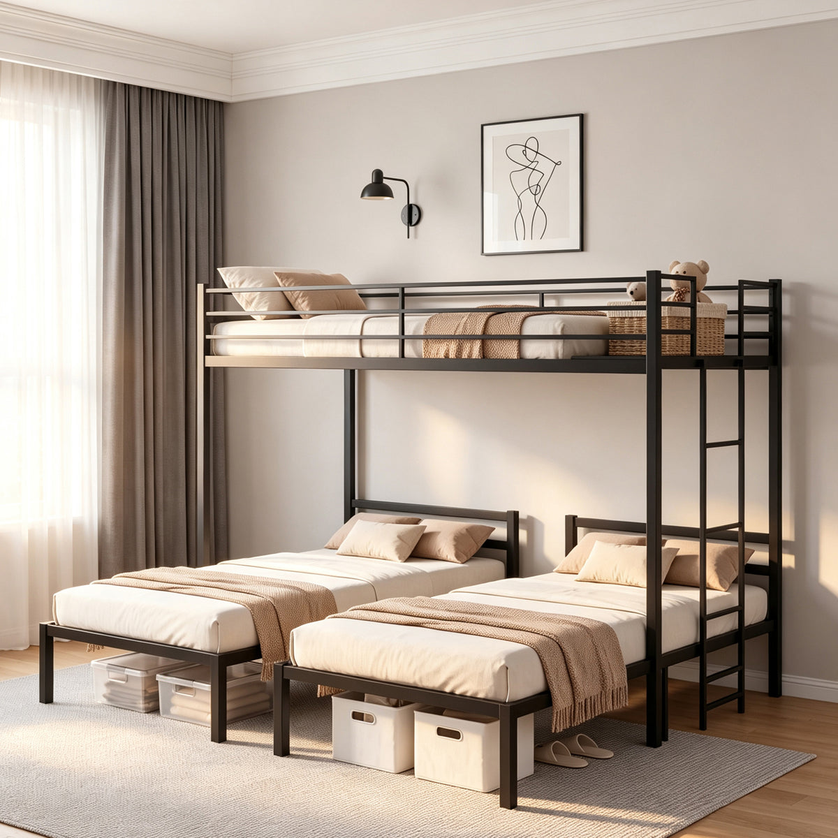 Netrum Triple Bunk Bed for Teens Adults,Heavy Duty Metal Bunk Beds Frame, with Ladder & Storage, Safe Guardrail, Twin over Twin over Twin Bunk Bed, No Box Spring Needed