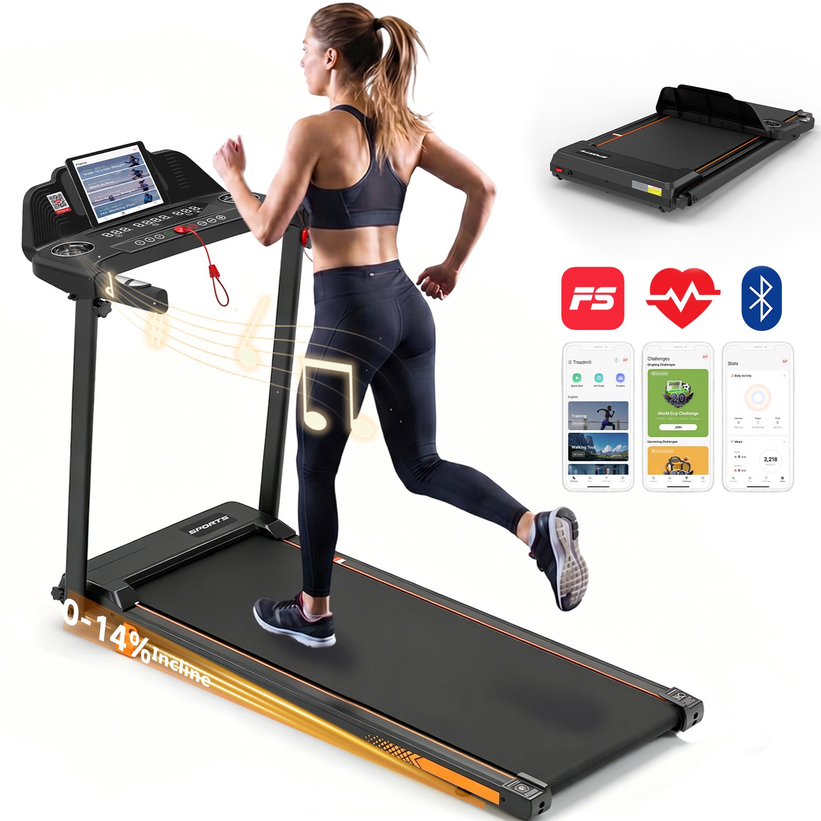Cirui Walking Pad Treadmills with Handle , 4-in-1 Portable 14% Incline Under Desk Treadmill with APP, 300 LBS Capacity Folding Treadmill with 3.5 HP Quiet Brushless for Home and Office，Black
