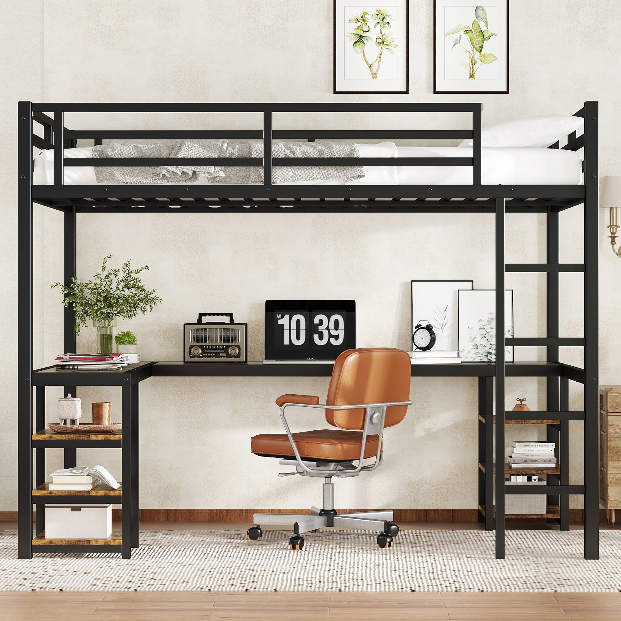 Uiowio Twin XL Metal Loft Bed with L-Shaped Desk Underneath & 6 Shelves & Storage, Space-Saving Bed Frame with Built-in Ladder & Safety Guardrail, for Teens