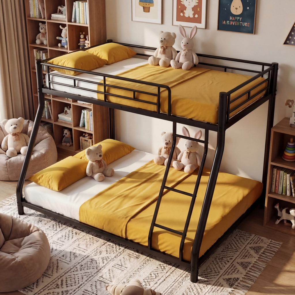 Netrum Twin over Full Bunk Bed for Teens Adults,Heavy Duty Metal Bunk Beds Frame with Ladder,Twin Full Size Bed Bunk Bed with Safe Guardrail for Small Rome,Black