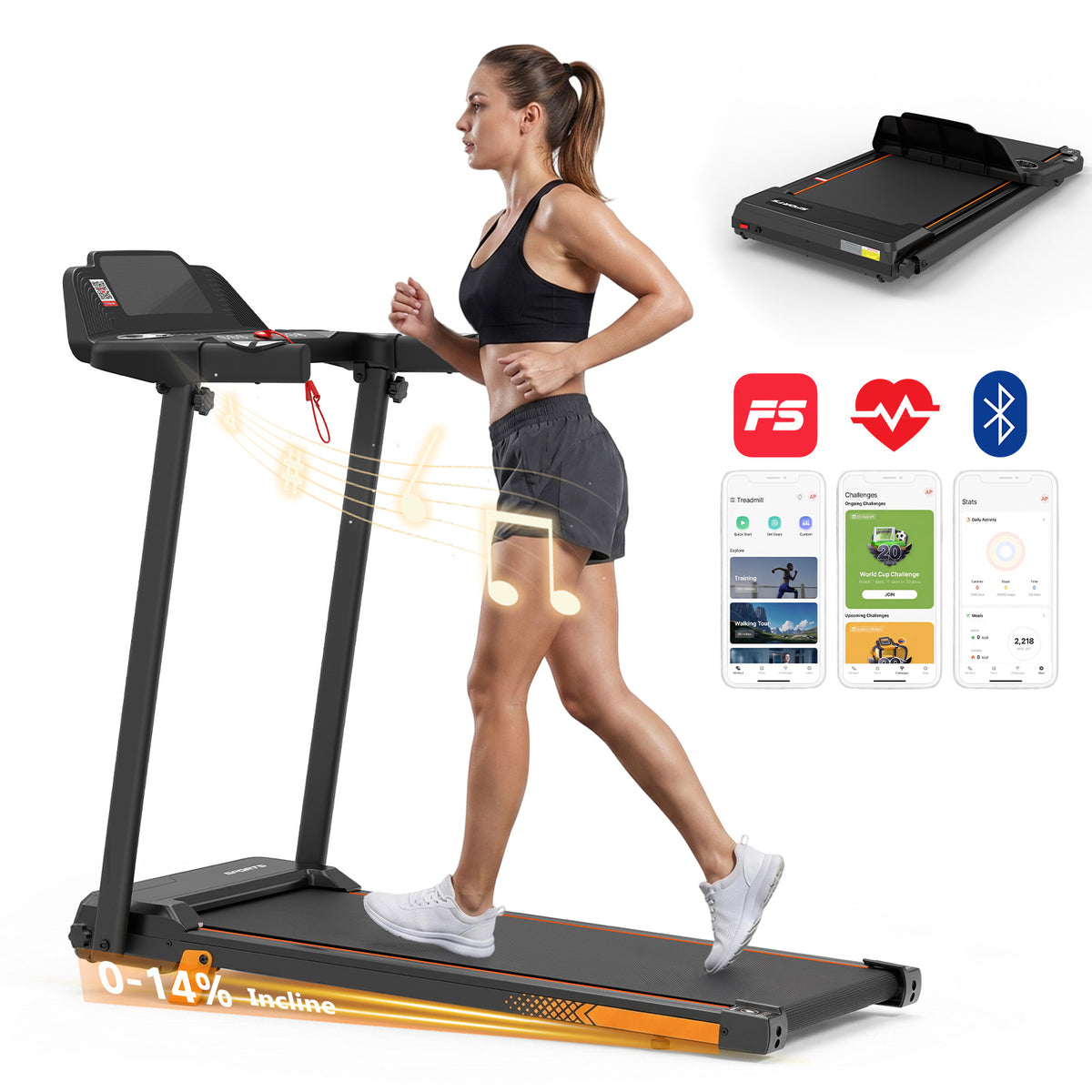 Cirui Folding Treadmill with APP Bluetooth Control for Home,Portable Electric Exercise Treadmill with Adjustable 14% Incline, 3.5 HP Quiet Motor, 300 Lbs Capacity,Easy Storage LED Display