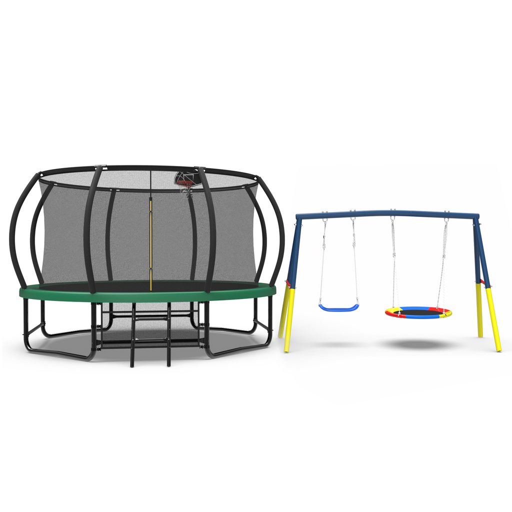 Mersco 12FT Heavy Duty Trampoline with Enclosure Net & Swing Set Outdoor Big Trampoline for Backyard,Kids Trampoline with Basketball Hoop,1320LBS Capacity,Birthday & Holiday Gifts for Kids,Green