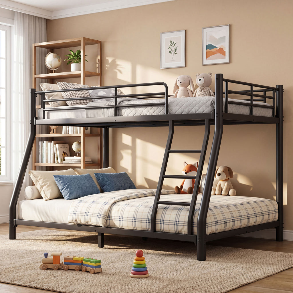 Kdymod Twin over Full Metal Low Bunk Bed with Stairs & Safety Guardrail, Includes 2 6" Memory Foam Mattresses, Space-Saving Heavy Duty Bed Frame for Adults & Teens, Black