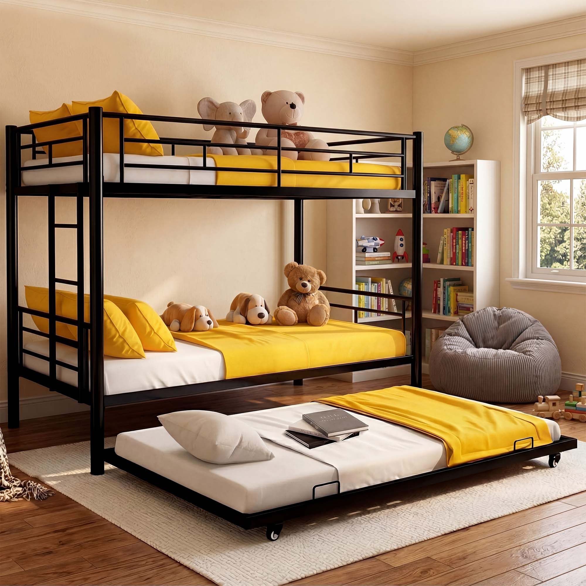 Kdymod Triple Bunk Bed Twin over Twin with Trundle, Convertible Metal Bunk Bed Frame with Ladder & Safety Guardrail, Space-Saving for Teens and Adults, Bedroom Dorm, Black