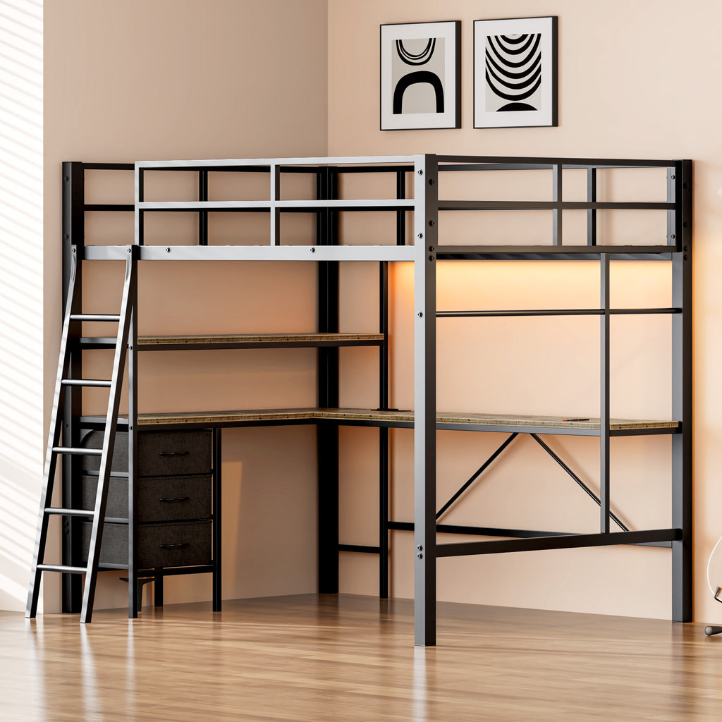 Uiowio Full Metal Loft Bed Frame with L-Shaped Desk & LED Lights & Charging Station, Loft Bed with 3 Fabric Drawers & 2 Storage Shelves, Safety Guard & Stairs, Black