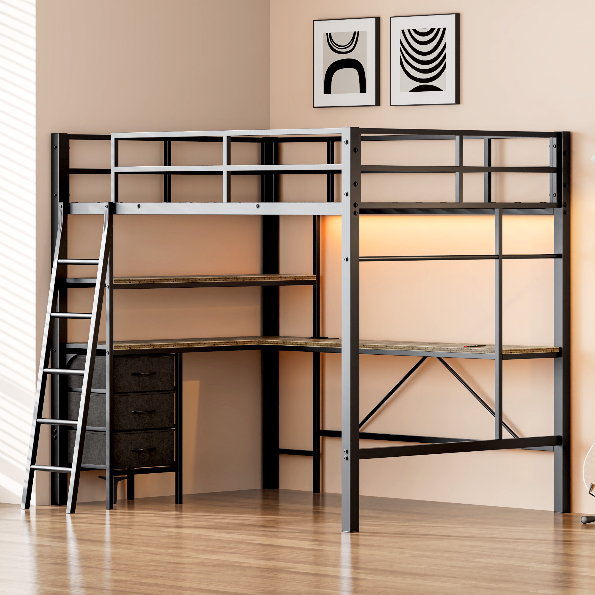 Uiowio Full Metal Loft Bed Frame with L-Shaped Desk & LED Lights & Charging Station, Loft Bed with 3 Fabric Drawers & 2 Storage Shelves, Safety Guard & Stairs, Black