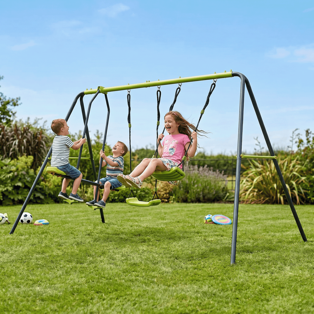 Mersco 3 in 1 Kids Metal Swing Seat for Backyard, Heavy-Duty Outdoor Playsets for Playground ,Outside Toys with Teeter-Totter and Two swing for Aged 3+,Green
