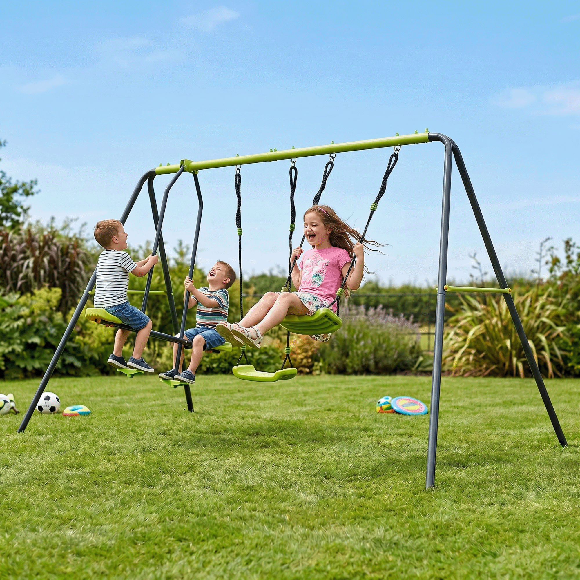 Mersco 3 in 1 Kids Metal Swing Seat for Backyard, Heavy-Duty Outdoor Playsets for Playground ,Outside Toys with Teeter-Totter and Two swing for Aged 3+,Green